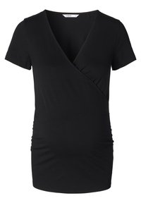 Sort kortærmet omslagstop lavet af blødt, strækbart stof. Har samlinger på siderne og en dyb V-hals design.