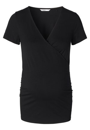 Sort kortærmet omslagstop lavet af blødt, strækbart stof. Har samlinger på siderne og en dyb V-hals design.