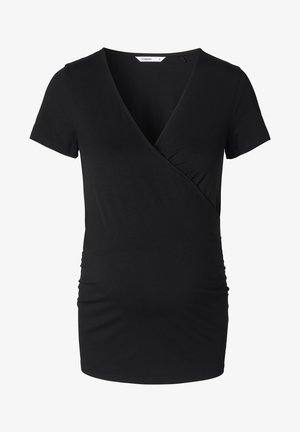 Czarny krótki top w stylu wrap wykonany z miękkiego, elastycznego materiału. Posiada marszczenia po bokach oraz głęboki dekolt w kształcie litery V.