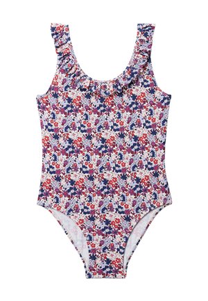 Maillot de bain une pièce sans manches avec un col à volants, recouvert d'un dense motif floral de fleurs rouges, violettes et bleues sur fond blanc.