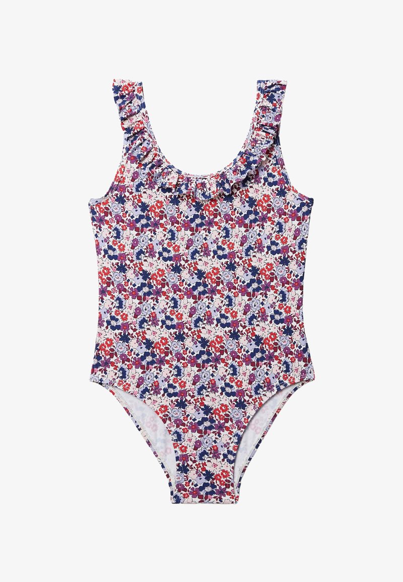 Maillot de bain une pièce sans manches avec un col à volants, recouvert d'un dense motif floral de fleurs rouges, violettes et bleues sur fond blanc.