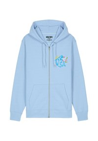 Sweat à capuche zippé bleu clair en tissu doux. Présente une poche kangourou à l'avant et un graphique de poisson coloré sur la zone gauche de la poitrine.