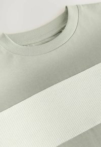 Ljusgrön kortärmad sweatshirt med ribbad rundhals och horisontella paneler i en ljusare nyans med strukturerade tygnivåer.
