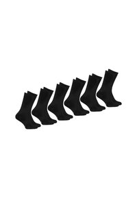 Chaussettes en coton noires, avec une texture lisse, hauteur mi-mollet et un design uniforme, disposées en rangée de huit paires.