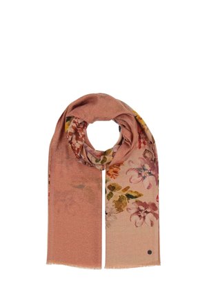 Foulard floreale in morbido tessuto rosa chiaro con un mix di fiori multicolori. I bordi sono frangiati e presentano un effetto leggermente lucido in tutto il foulard.