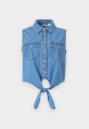 Sleeveless blue denim button-up shirt with collar, two front flap pockets, and a tied knot at the hem.