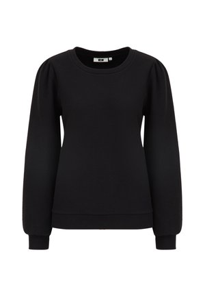 Melnā sporta jakā ir teksturēta auduma virsma, noapaļots apkakles kakls un garas piedurknes. Tai ir savilktas detaļas plecos un ribotas aproces un apakšmala.