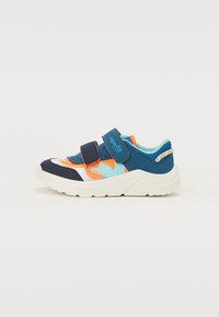 Blue, orange, and white sneakers with a textured fabric upper, Velcro straps, and a thick white rubber sole. Features colorful design accents.
