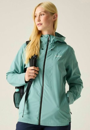 Mujer con cabello largo y rubio, que lleva una chaqueta con capucha color verde azulado y una mochila negra, mirando ligeramente hacia la izquierda sobre un fondo liso.
