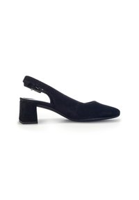 Tacchi slingback in suede nero con punta tonda e tacco a blocco. Presenta un'apertura laterale e una fibbia regolabile per una vestibilità sicura.