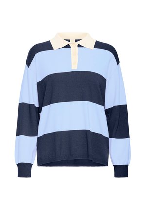 Gestreepte pull in lichtblauw en marineblauw, met een crèmekleurige kraag en een placket met drie knopen. Zacht gebreid materiaal met lange mouwen en een relaxte pasvorm.