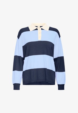 Suéter a rayas en azul claro y marino, con un cuello crema y tapeta de tres botones. Tejido de punto suave con mangas largas y corte relajado.