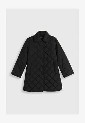 Black quilted coat with a collar, long sleeves, front buttons, and two side pockets; features a diamond pattern across the fabric.
