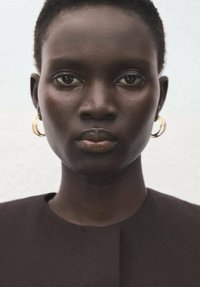 Zwarte huid met een gladde textuur, draagt grote gouden creolen. Het onderwerp heeft kort haar en een minimalistisch, donker kledingstuk met hoge hals.