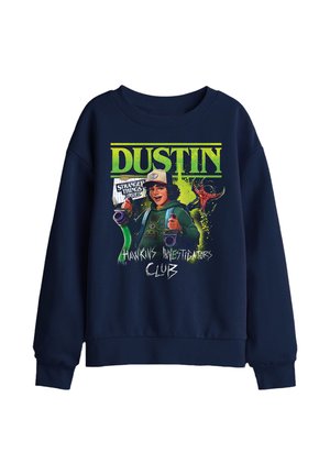 Marineblauer Pullover mit Grafik von Dustin aus Stranger Things, der Walkie-Talkies hält, Text „Dustin“ und „Hawkins Investigators Club.“