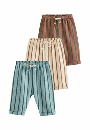 Three pairs of striped pants in brown, cream, and teal, made of soft fabric with an elastic waistband and drawstring detail.