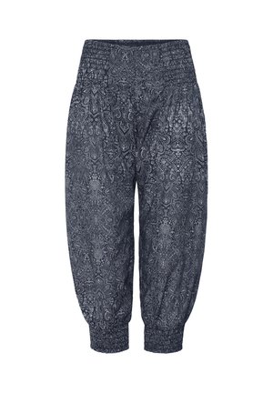 Løstsiddende, ankellange bukser med elastisk talje og manchetter, med et indviklet mørkt paisley-mønster på let stof.