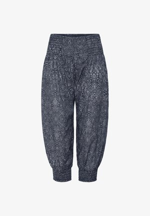 Brīvi krītošas, potīšu garuma bikses ar elastīgu jostu un aprocēm, izgatavotas no viegla auduma ar smalku tumšu paisley rakstu.