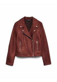 Veste de motard en daim marron avec fermeture éclair argentée, poches zippées et boutons pression sur larges revers et ourlet.