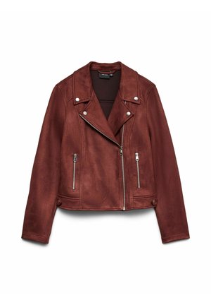 Veste de motard en daim marron avec fermeture éclair argentée, poches zippées et boutons pression sur larges revers et ourlet.