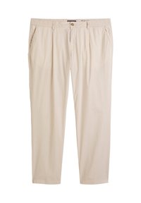 Beige broek met een elastische tailleband, voorzakken en een relaxte pasvorm. Het materiaal is glad en lichtgewicht, geschikt voor casual draag.