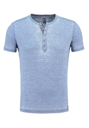 Short-sleeve blue henley shirt with horizontal stripes, three-button placket, and a textured fabric finish. Red and white accents at neckline.
