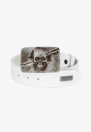 White leather belt featuring a rectangular, embossed metal buckle with a skull design and textured accents. Includes a branded metal tag.