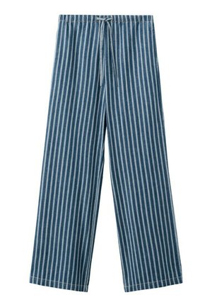 Blaue Hose mit weißen vertikalen Streifen, elastischem Bund und vorderseitigem Kordelzug, weiter Beinverlauf.