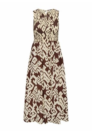 Mouwloze midilengte jurk met een abstract geometrisch patroon in bruin en crème, een nauwsluitend gerimpeld lijfje en een geplooide rok.