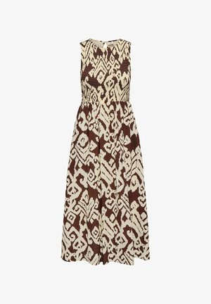 Midi šaty bez rukávov s abstraktným geometrickým vzorom v hnedom a krémovom odtieni, priliehavý bodýčko so smock efektom a nariasená sukňa.
