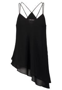 Zwarte mouwloze top met een V-hals, voorzien van dunne gekruiste bandjes en een asymmetrische zoom. Gemaakt van lichtgewicht, gladde stof.