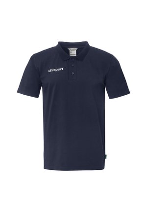 Polo bleu marine à manches courtes avec patte à trois boutons et logo blanc "uhlsport" sur le côté gauche de la poitrine.