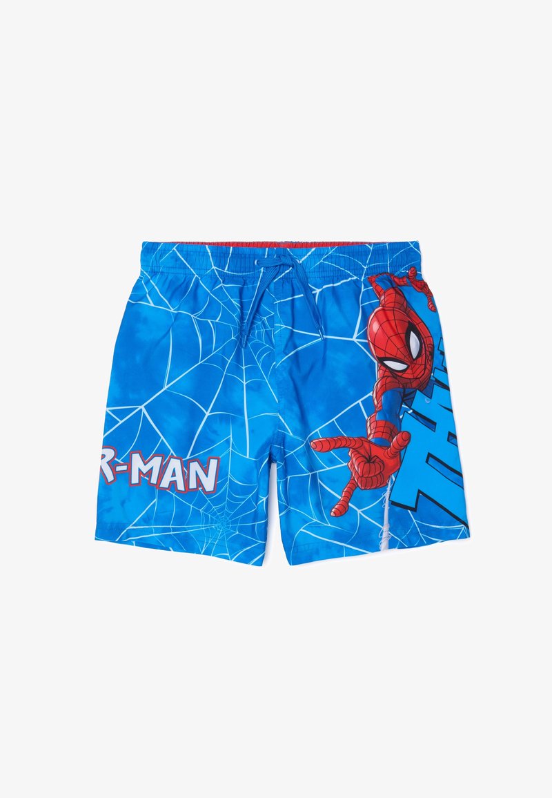 Shorts de bain bleus avec un graphique de Spider-Man, un motif de toiles d'araignée et des accents rouges. Le matériau est probablement léger et à séchage rapide.