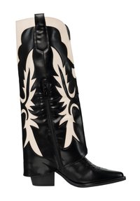 Stivale da cowboy in pelle nera e crema con punta appuntita, dettagli in rilievo, gambale alto e cerniera laterale per una facile calzata.