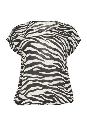 Black and white zebra-striped short-sleeve top made of lightweight fabric, featuring a round neckline and a relaxed fit design.