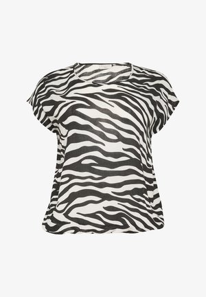 Black and white zebra-striped short-sleeve top made of lightweight fabric, featuring a round neckline and a relaxed fit design.