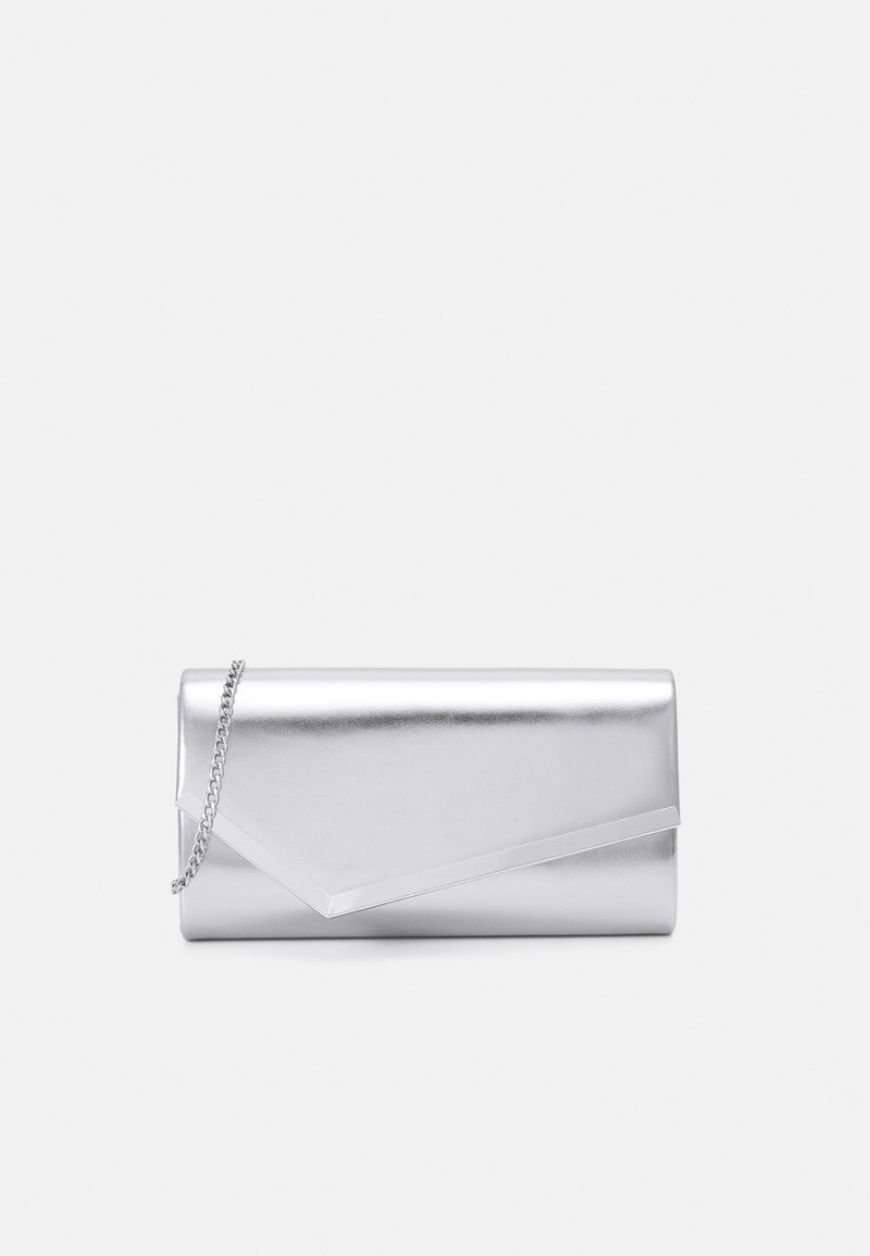 Silver metallic clutch with a rectangular shape, featuring a folded design, a geometric accent, and a short chain strap. Smooth texture.