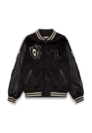Black varsity jacket with wool body, leather sleeves, striped ribbed cuffs, and embroidered logos. Front button closure and side pockets.