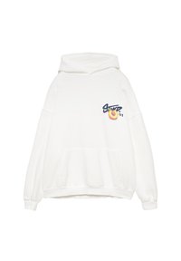 Felpa bianca con cappuccio, dotata di tasca frontale, vestibilità oversize e design ricamato di una pesca con testo in blu scuro. Tessuto dalla consistenza morbida.
