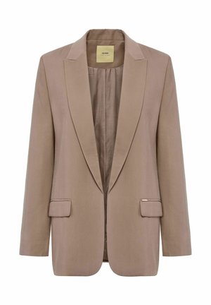 Beżowy żakiet o strukturalnym kroju, z klapami w kształcie notcha i dwoma przednimi kieszeniami. Posiada gładką fakturę i subtelny połysk, zapinany na wewnętrzny zamek.