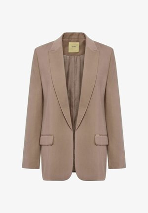 Beżowy żakiet o strukturalnym kroju, z klapami w kształcie notcha i dwoma przednimi kieszeniami. Posiada gładką fakturę i subtelny połysk, zapinany na wewnętrzny zamek.
