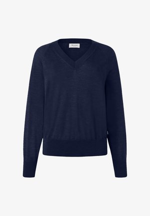 Granatowy sweter z długim rękawem, dekoltem w serek, z prążkowanymi mankietami i dołem, oznaczony marką Maerz Munich.