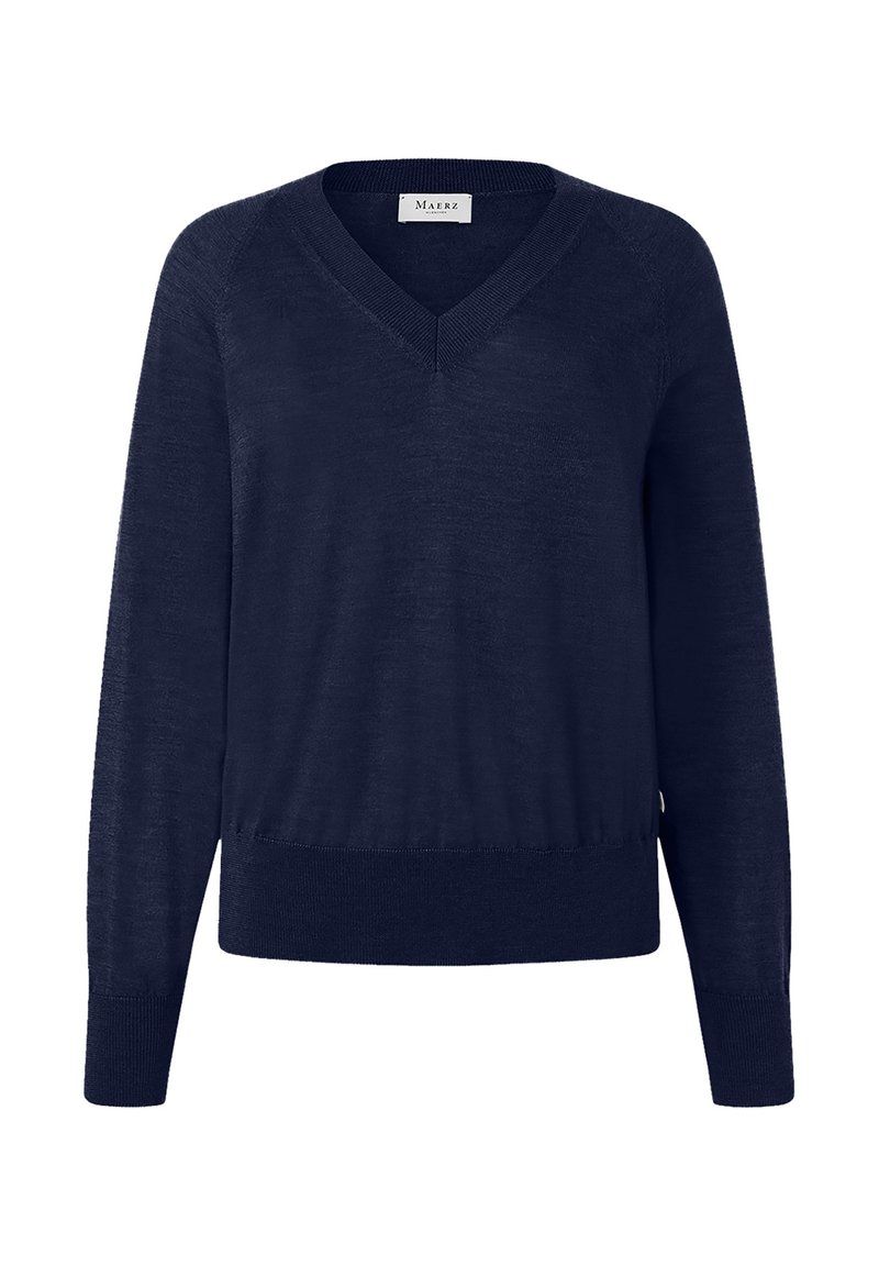 Granatowy sweter z długim rękawem, dekoltem w serek, z prążkowanymi mankietami i dołem, oznaczony marką Maerz Munich.