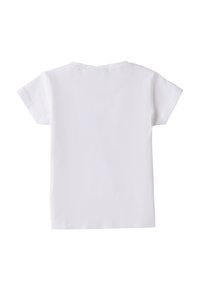 Camiseta blanca de manga corta con cuello redondo y una textura de algodón suave. Sin patrones visibles ni detalles adicionales. Se muestra la vista trasera.