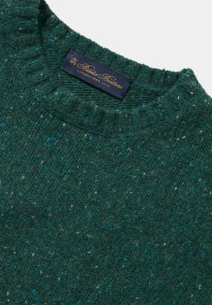 Green knitted sweater made of textured wool, featuring a crew neckline, subtle speckled pattern, and a branded label in navy and gold.
