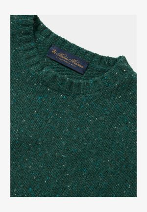 Green knitted sweater made of textured wool, featuring a crew neckline, subtle speckled pattern, and a branded label in navy and gold.