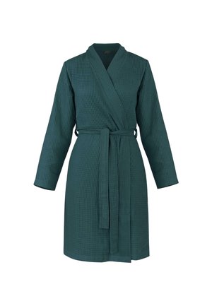 Badezimmerrobe mit Waffelstruktur, langärmlig in Dunkelgrün, ausgestattet mit einem Bindegürtel und einem Schalkragen, mit einem lockeren Schnitt und knieumspielender Länge.