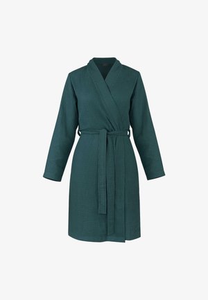 Badezimmerrobe mit Waffelstruktur, langärmlig in Dunkelgrün, ausgestattet mit einem Bindegürtel und einem Schalkragen, mit einem lockeren Schnitt und knieumspielender Länge.