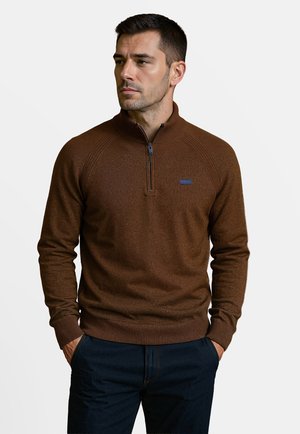 Bruine gebreide trui met een hoge kraag en een kwart rits. Heeft ribgebreide manchetten en zoom. Eenvoudig ontwerp, geen zichtbare patronen of logo's.
