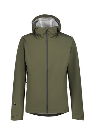 Grøn vandtæt jakke med hætte, frontlynlås og justerbare håndledsremme, vist mod en hvid baggrund.